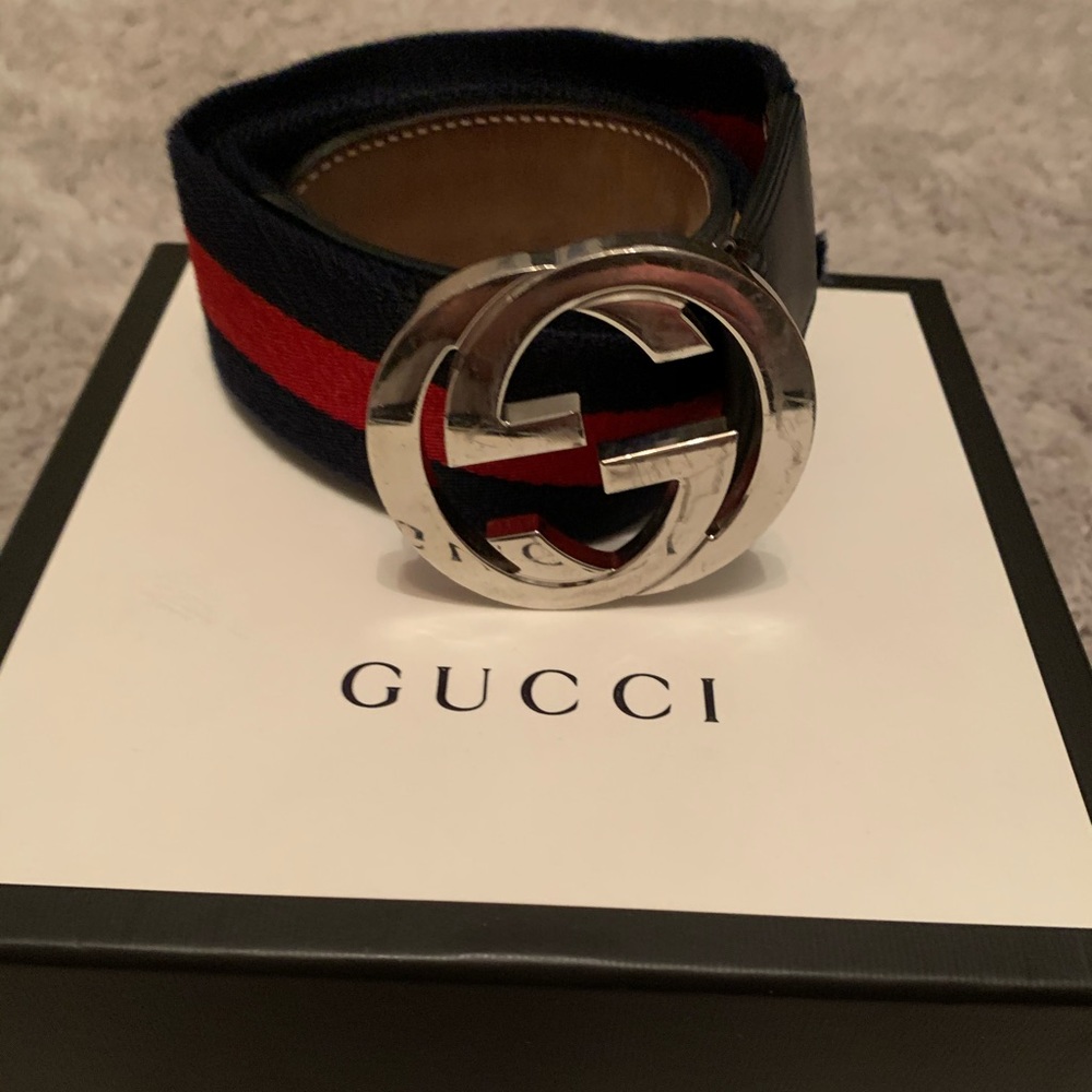 Red and blue silver metal Gucci belt mens